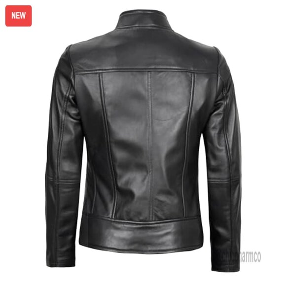 Lambskin Leather Jacket Women's Cafe Racer Style Tailored Fit - Picture 5 of 6